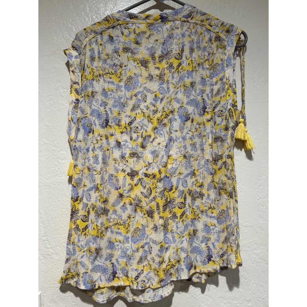 Zac & Rachel Woman‎ 1X Yellow Blue Floral V-Neck Sleeveless Tassel Blouse Top